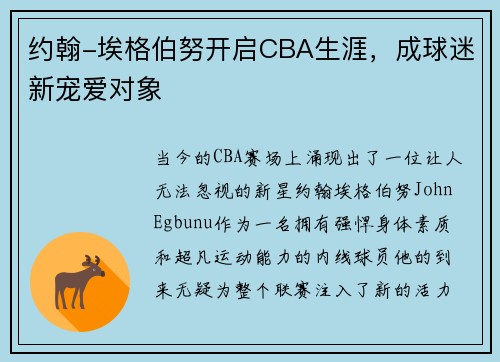 约翰-埃格伯努开启CBA生涯，成球迷新宠爱对象
